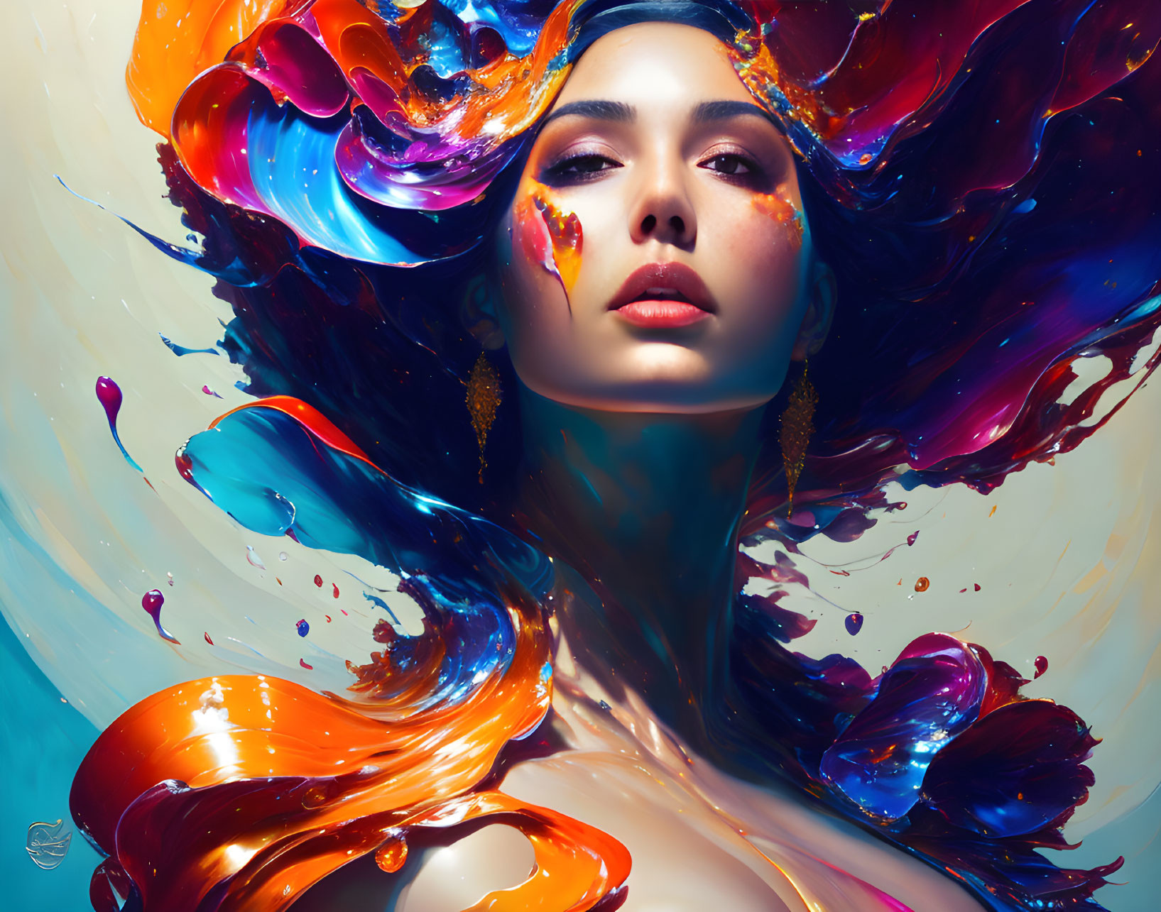 Colorful Woman with Swirling Hair in Creative Fantasy Theme