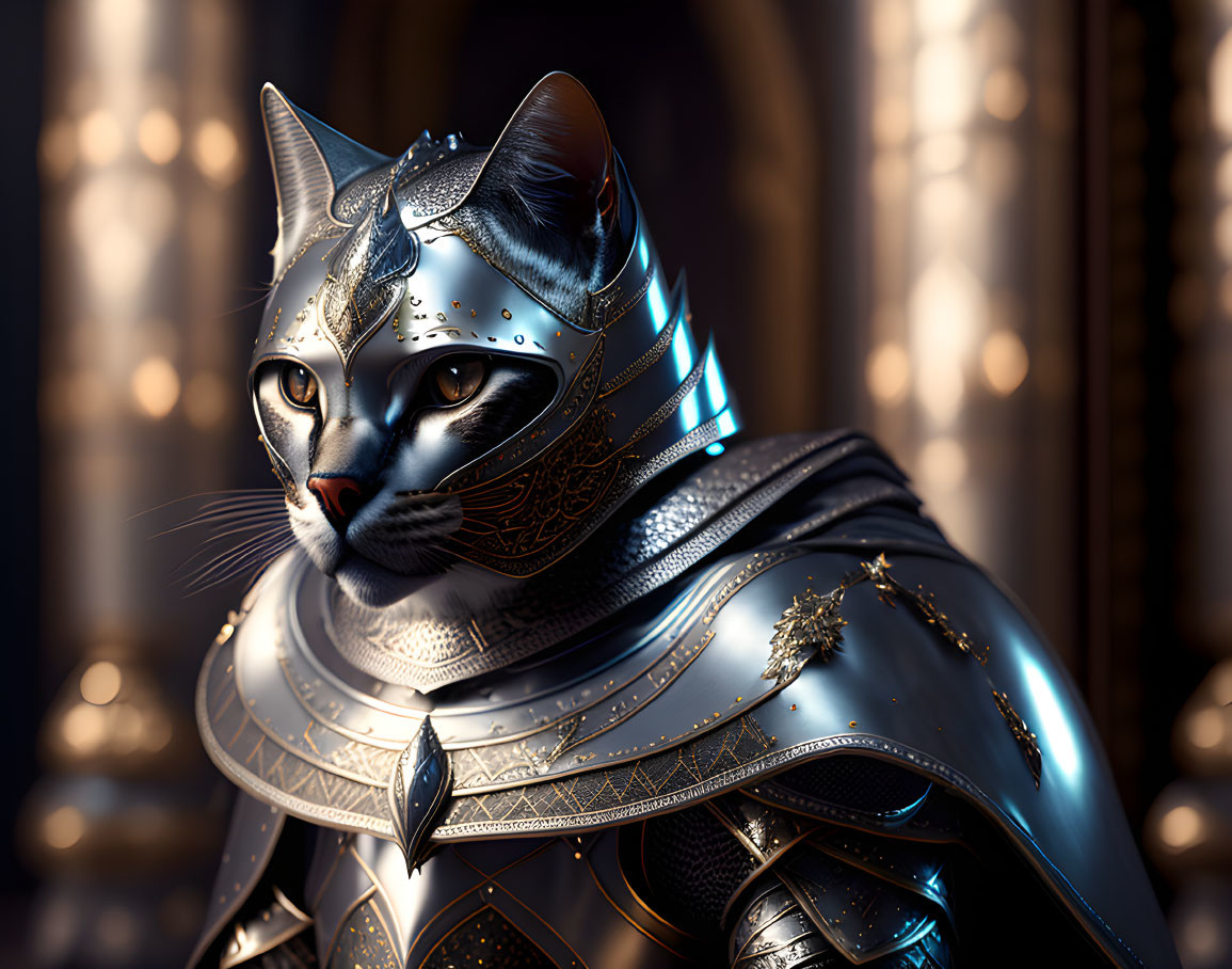 Digital Artwork: Cat in Medieval Armor with Glowing Blue Patterns