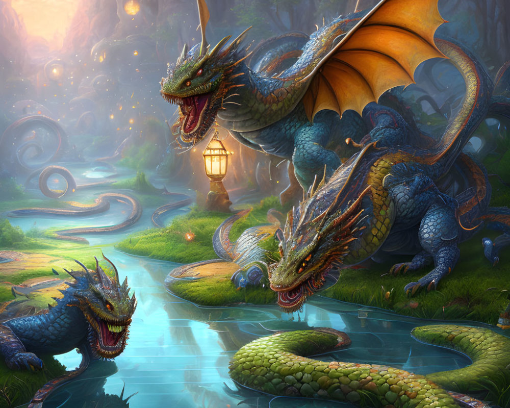 Majestic dragons in vibrant fantasy forest scene