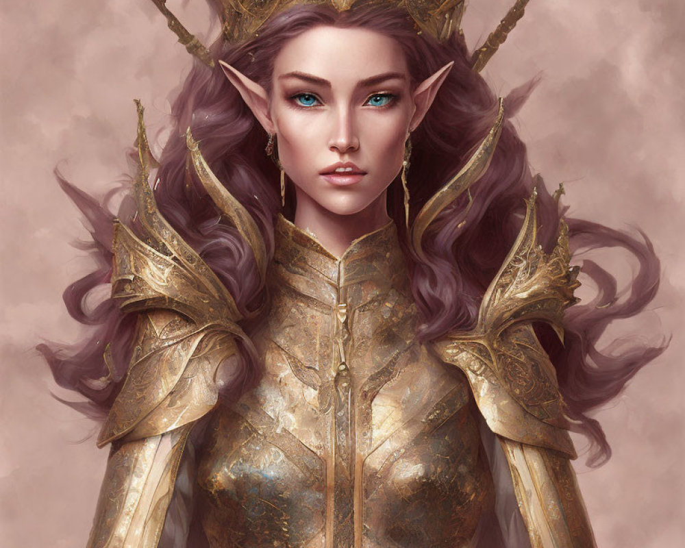 Female elf with green eyes, purple hair, golden crown, and armor on pink background