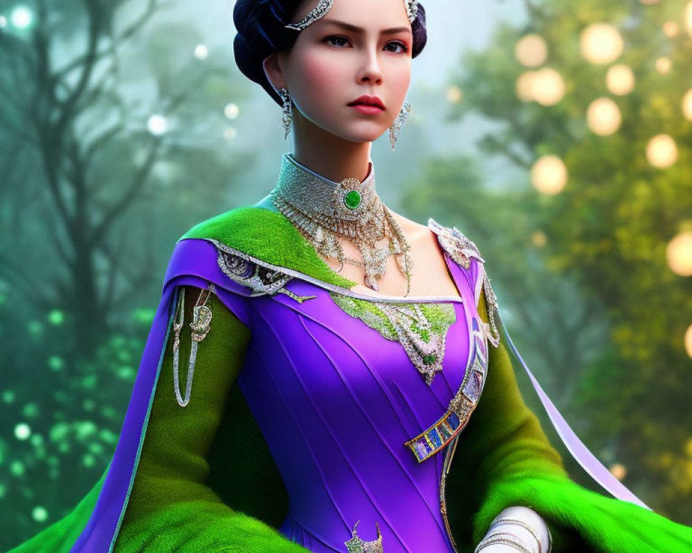 Regal woman in purple dress with green cloak and crown against forest backdrop