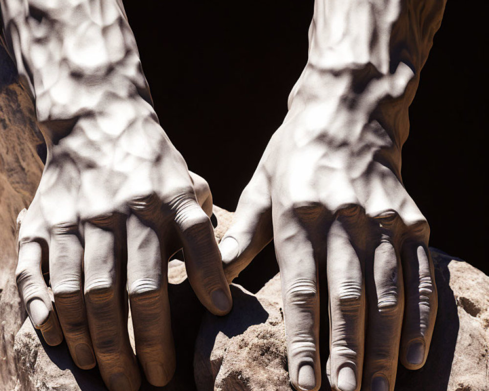 Detailed Sculpted Hands Resting on Rocky Surface with Light and Shadow