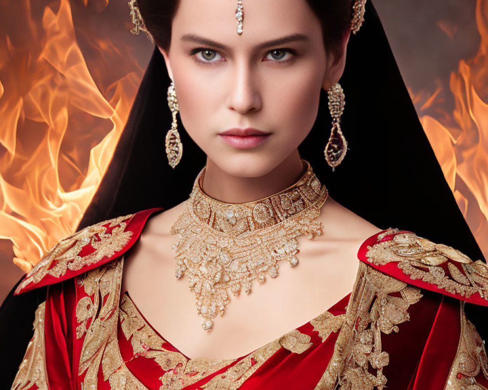 Regal woman in red and gold attire against fiery backdrop