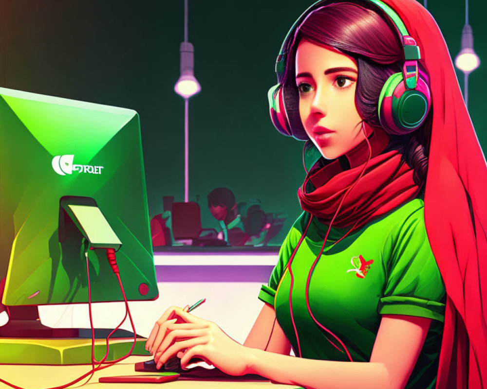 Focused woman in headset at vibrant gaming setup