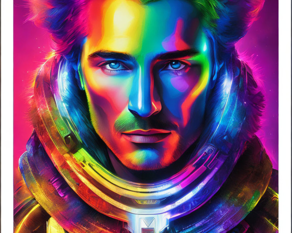 Colorful digital art of a man in futuristic space suit