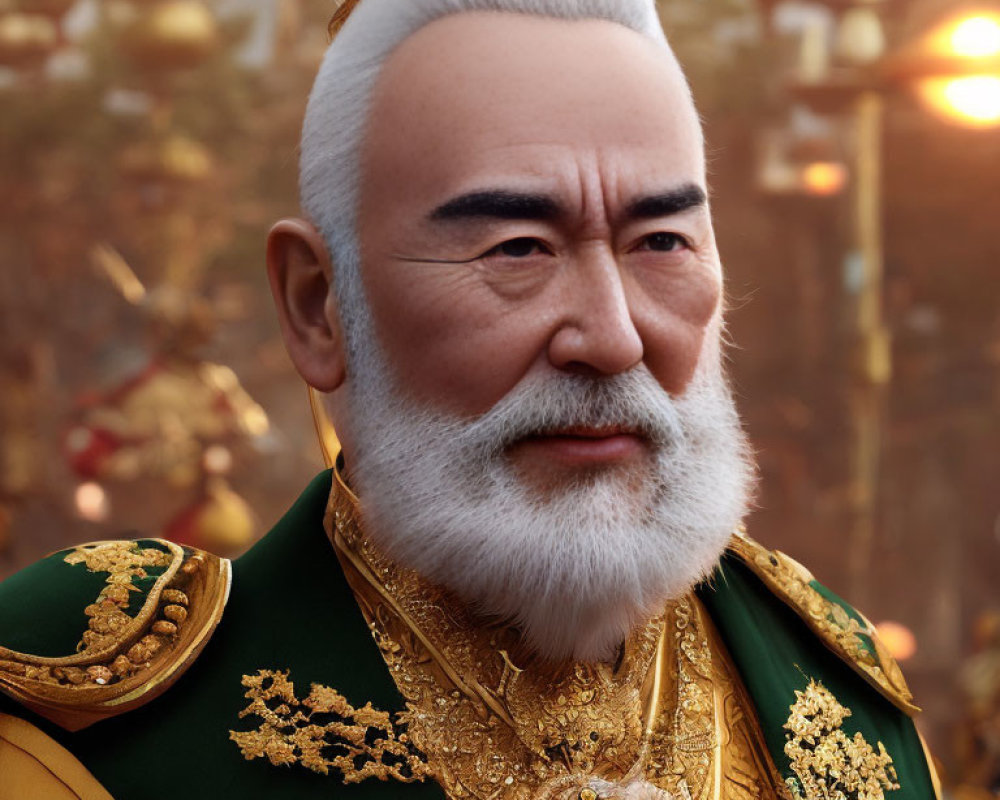 Elderly man with white beard in ornate green robe on golden backdrop