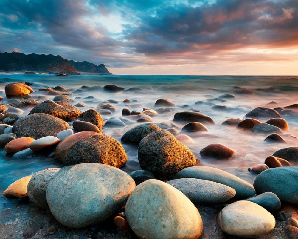 Dramatic sunset over rocky beach with misty waves