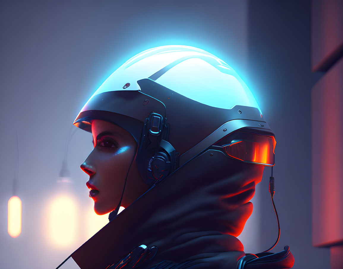 Futuristic helmet with glowing blue visor in moody neon-lit setting