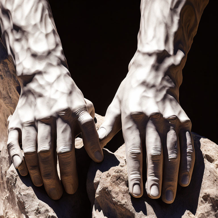 Detailed Sculpted Hands Resting on Rocky Surface with Light and Shadow