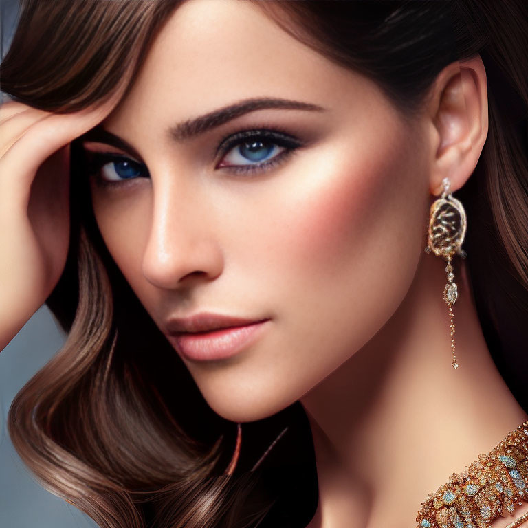 Elegant woman in smoky makeup and gold earring poses in off-shoulder dress