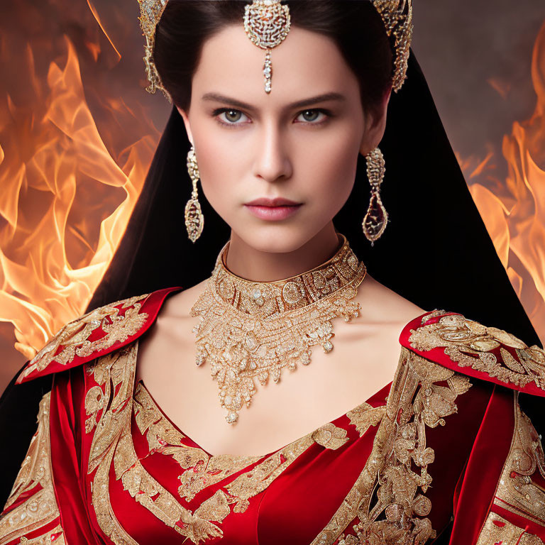 Regal woman in red and gold attire against fiery backdrop