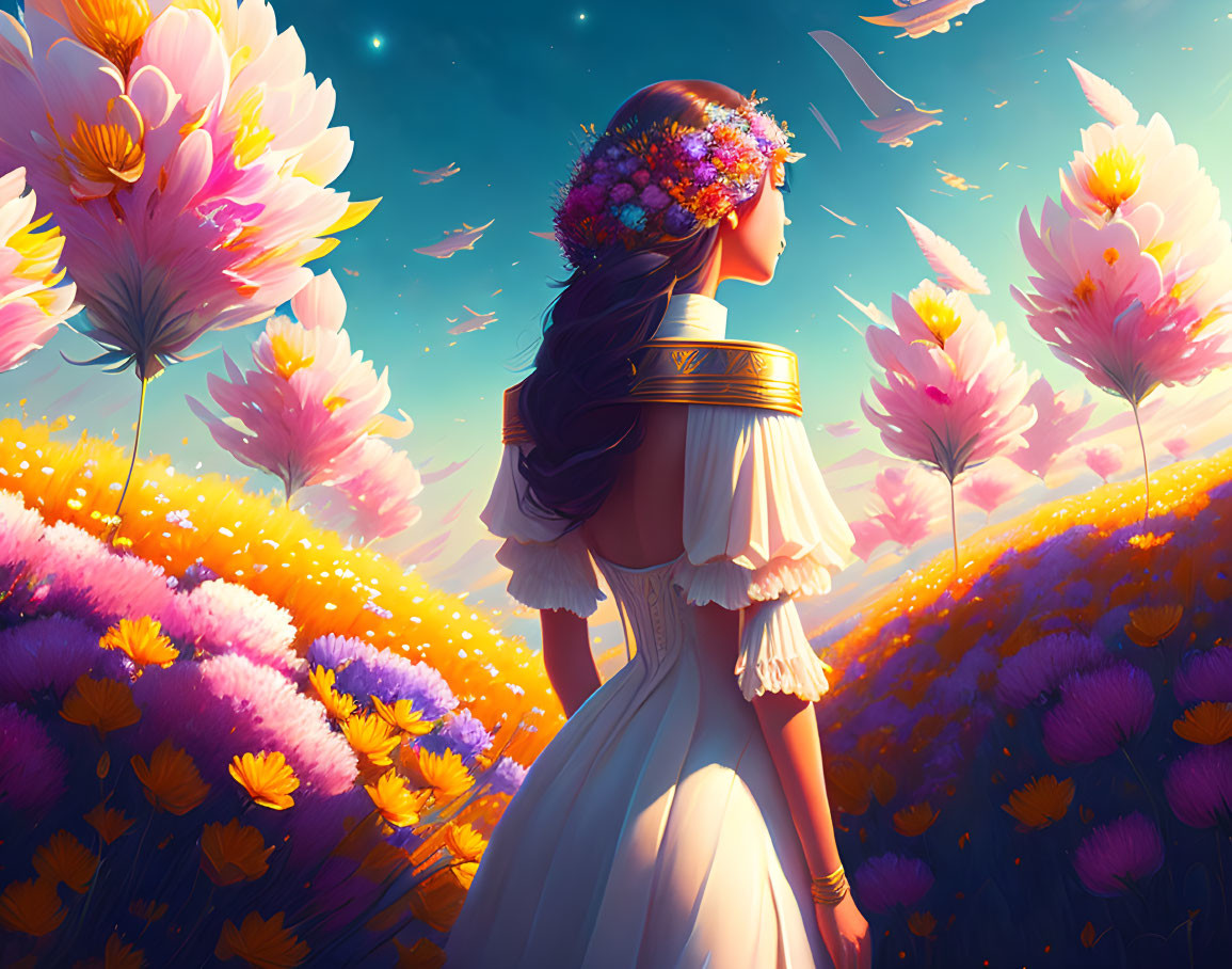 Woman in white dress with floral headpiece in surreal landscape with pink lotus flowers and vibrant sunset.