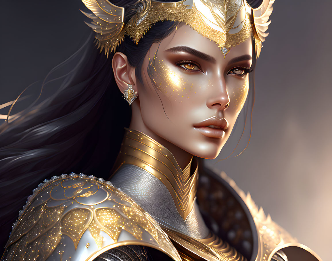 Digital portrait of woman in golden armor and headdress with intricate designs and golden freckles