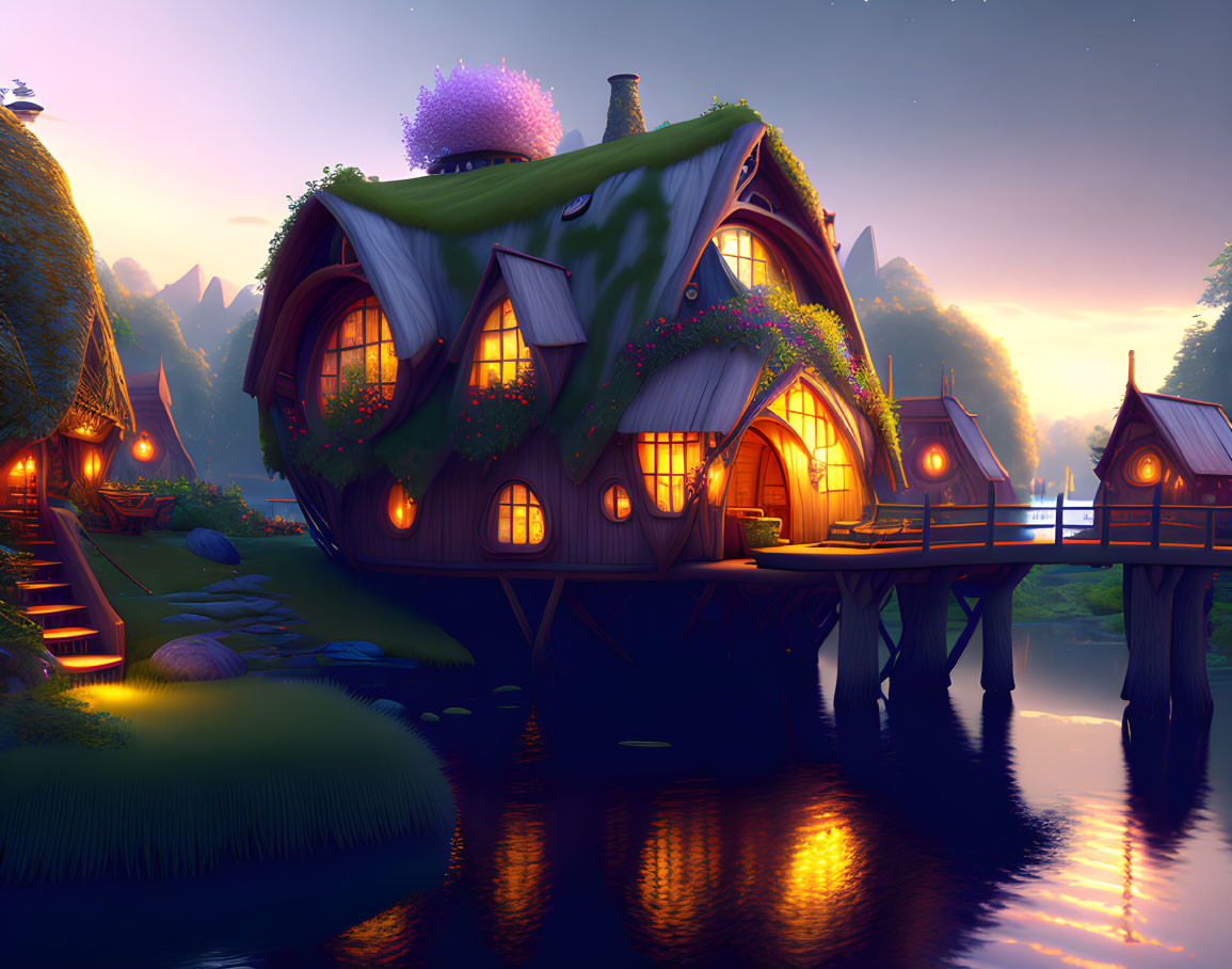 Curved architecture cottage over tranquil lake at sunset