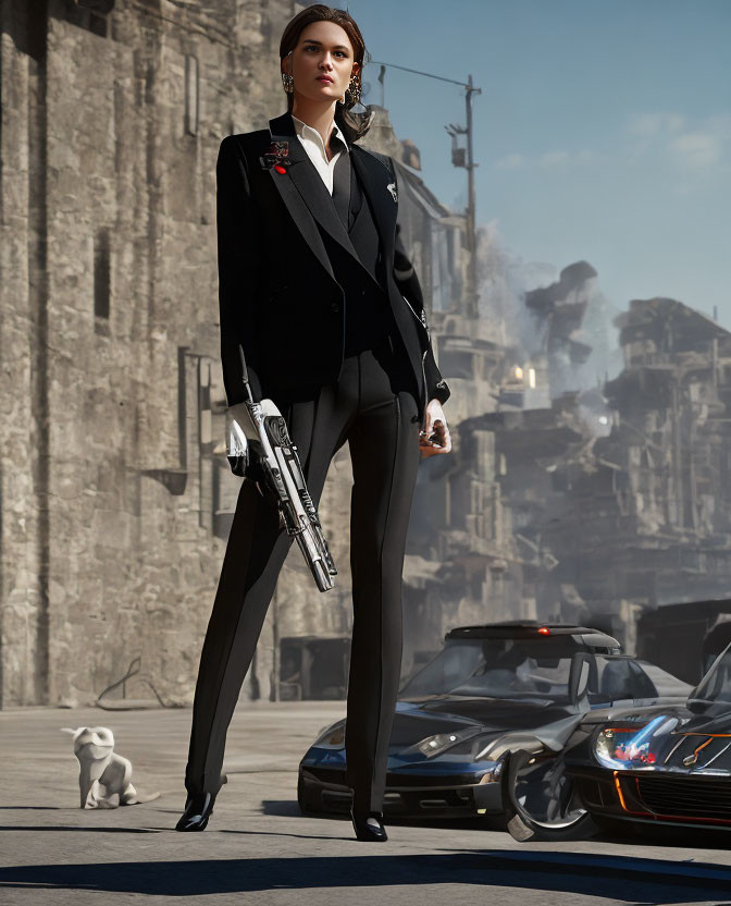 Confident woman in black suit with gun and white cat in futuristic cityscape