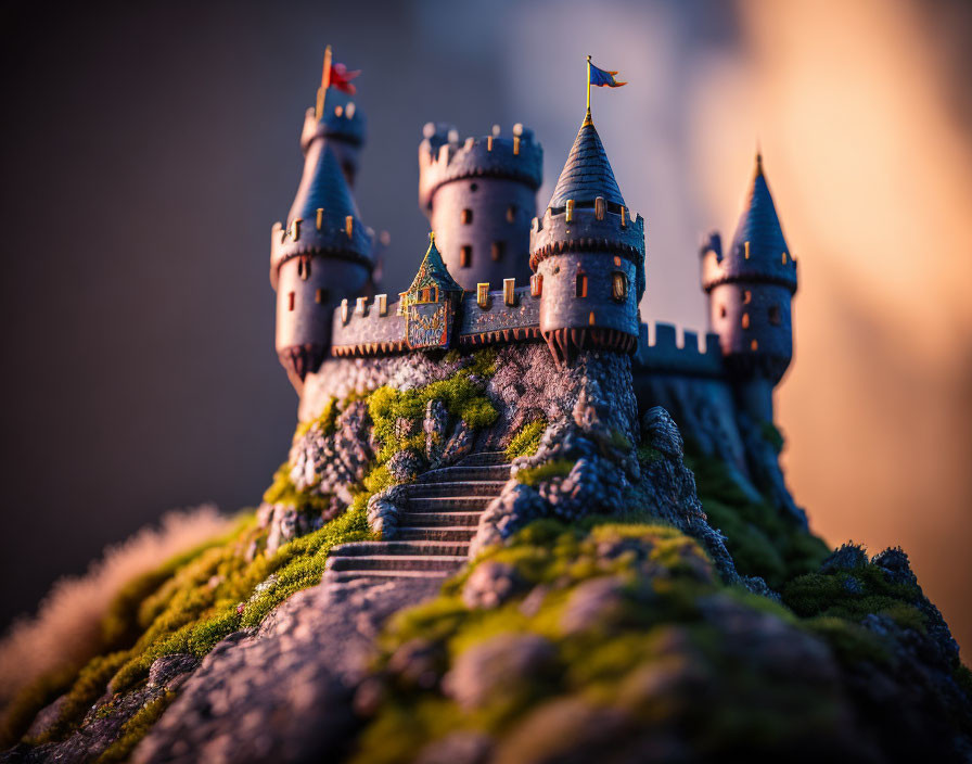 Miniature castle with turrets and flags on mossy hill at sunset