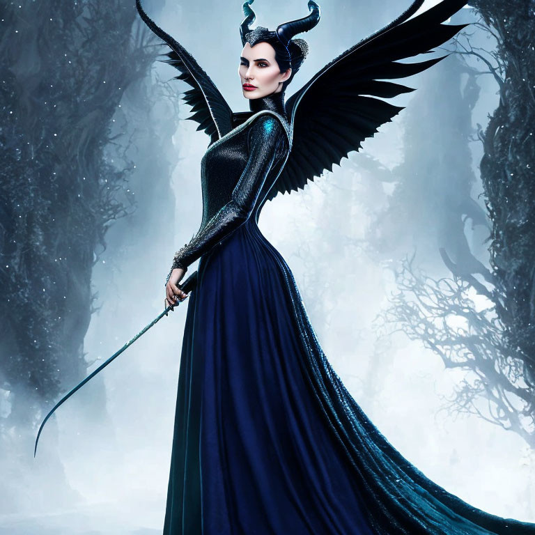 Woman in dark gown with horns and black wings in mystical forest.