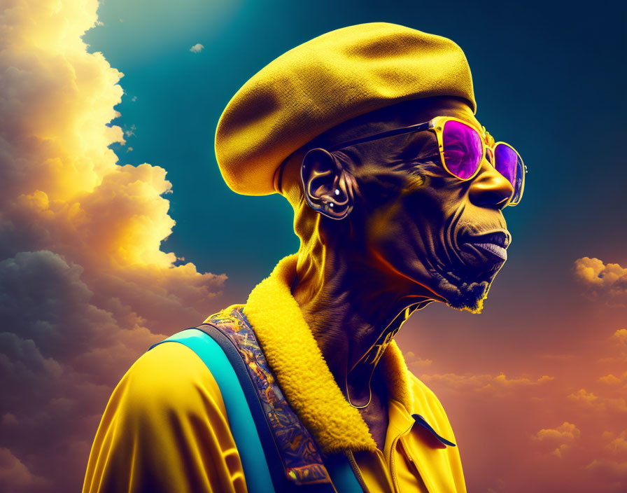 Man with Sunglasses and Yellow Hat in Stylized Portrait against Vibrant Sunset Background