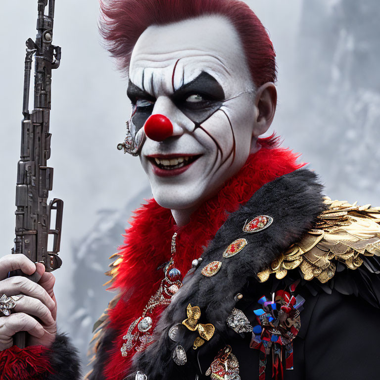 Clown with rifle in military-style jacket and red nose