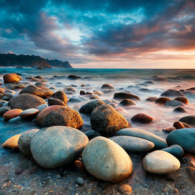 Dramatic sunset over rocky beach with misty waves