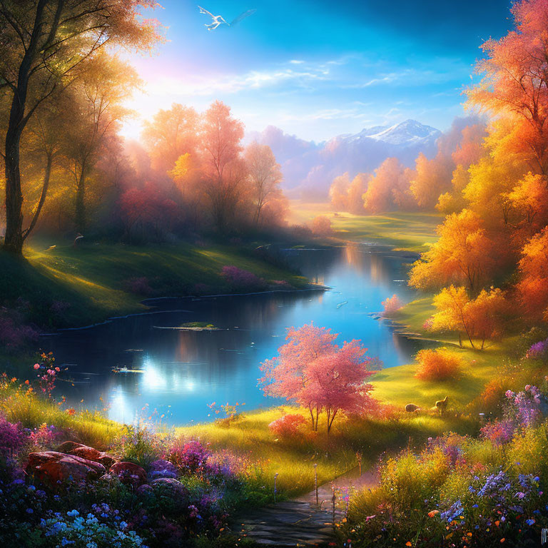 Vibrant autumn landscape with river, wildflowers, and mountains