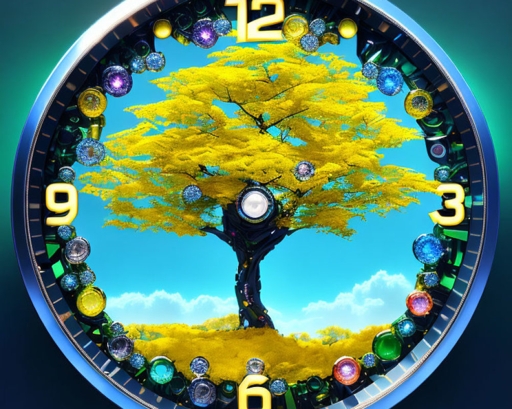 Colorful gemstones on surreal clock face with vibrant yellow tree