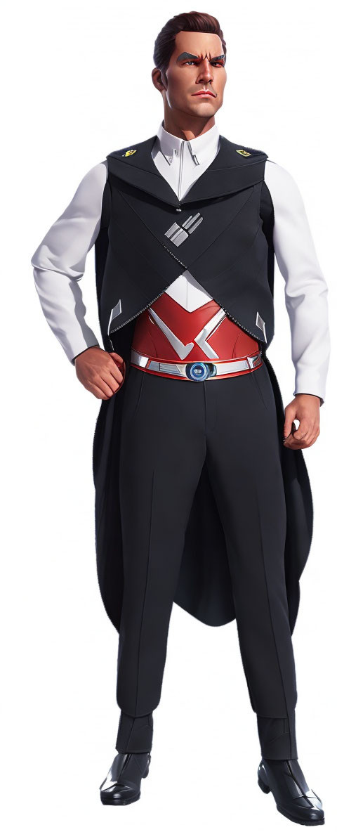 Man in formal military-style uniform with cape, white gloves, and black shoes standing confidently