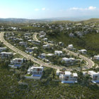 Modern housing community with unique curved-roof houses amidst lush greenery and central pool.