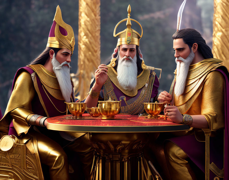 Regal animated figures in golden crowns discuss at table