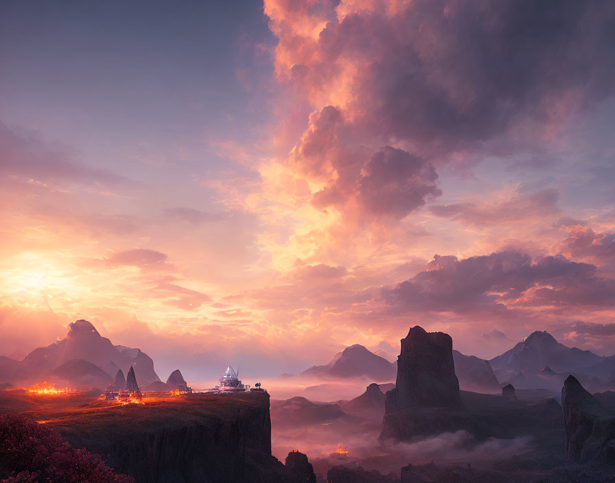 Scenic sunset landscape with misty mountains and glowing lights