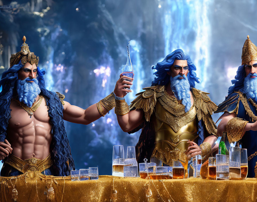 Three bearded wizards in golden armor pouring blue liquid in glasses
