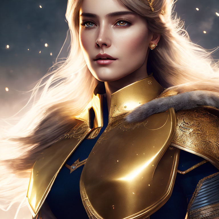 Digital art portrait of woman in golden armor with blonde hair on dark backdrop.