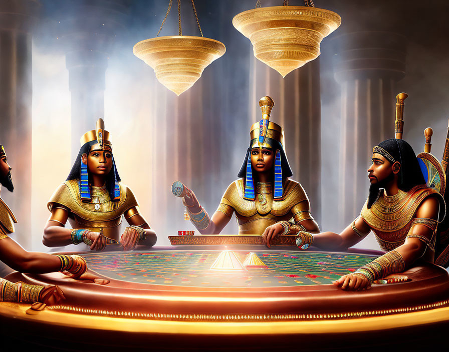 Animated Egyptian Pharaohs Play Poker in Mystical Setting