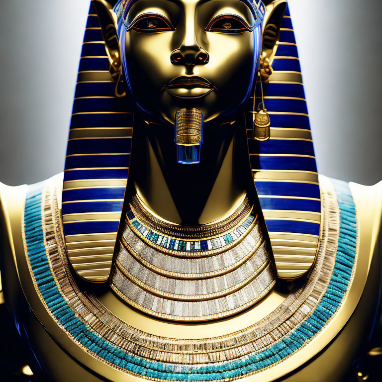 Detailed Close-Up of Golden Egyptian Pharaoh Mask with Blue Stripes