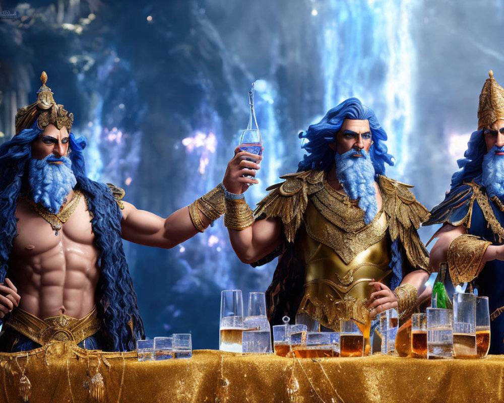 Three bearded wizards in golden armor pouring blue liquid in glasses