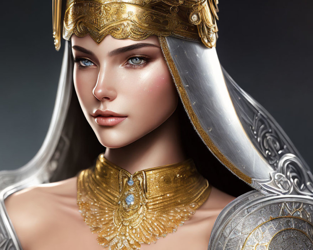 Digital portrait of mythical female warrior in golden armor and crown