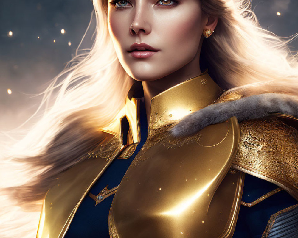 Digital art portrait of woman in golden armor with blonde hair on dark backdrop.