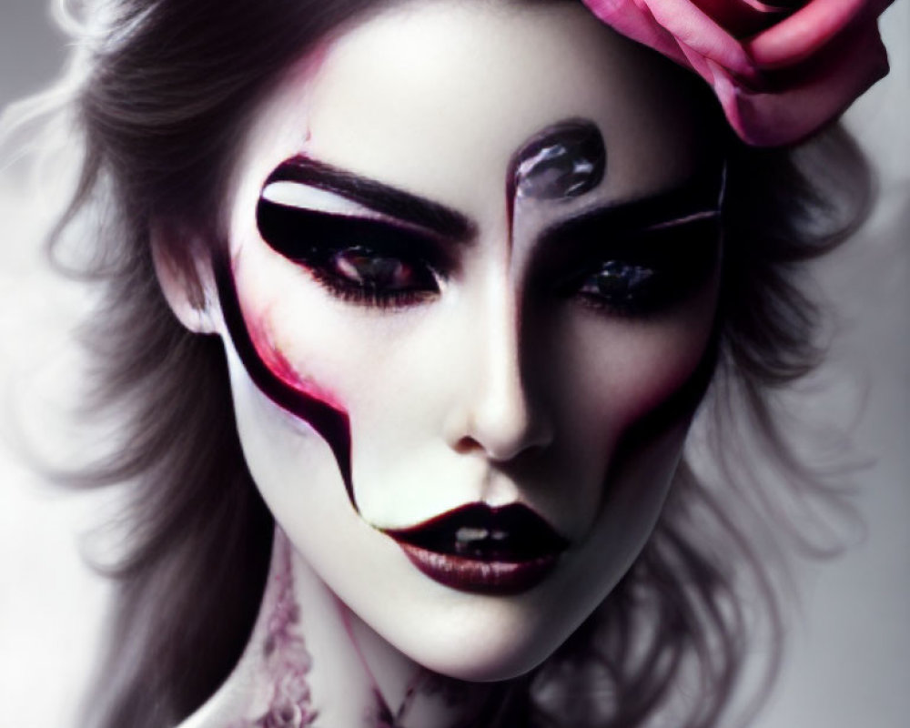Black-and-White Dramatic Makeup with Red Rose Hair Accessory