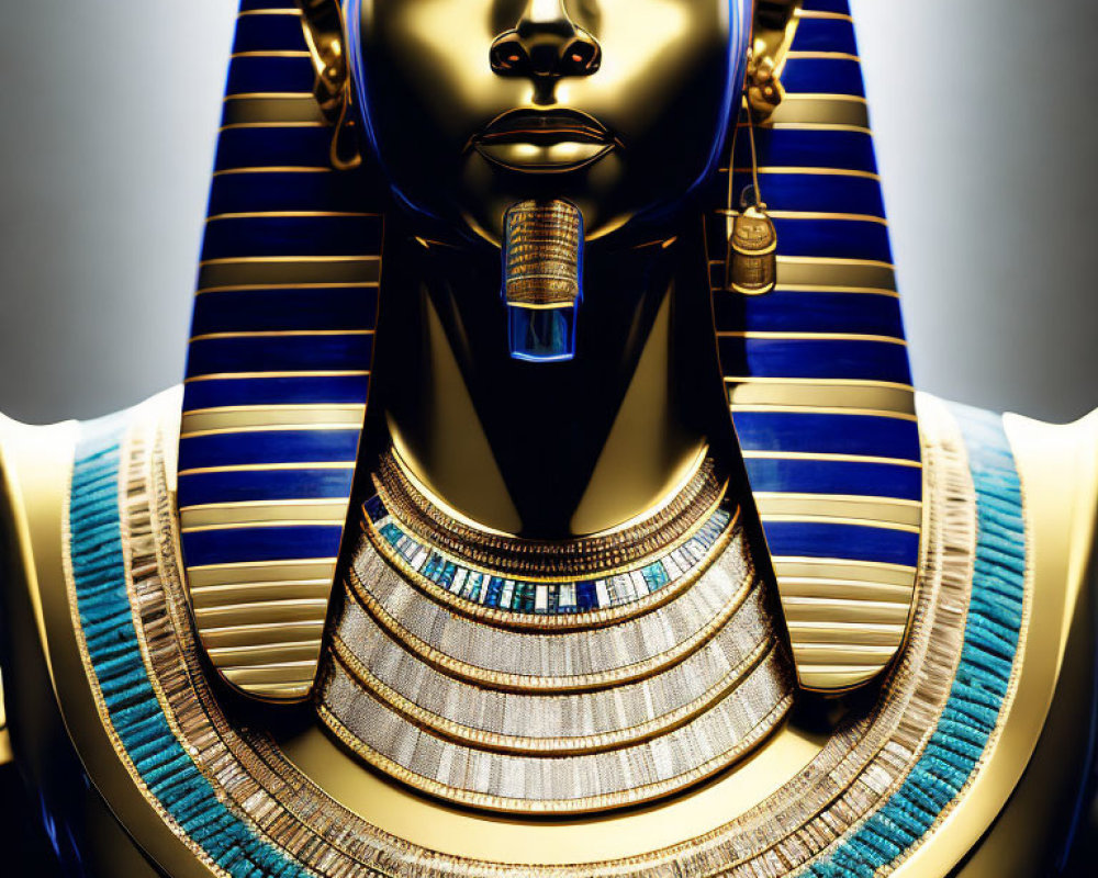 Detailed Close-Up of Golden Egyptian Pharaoh Mask with Blue Stripes