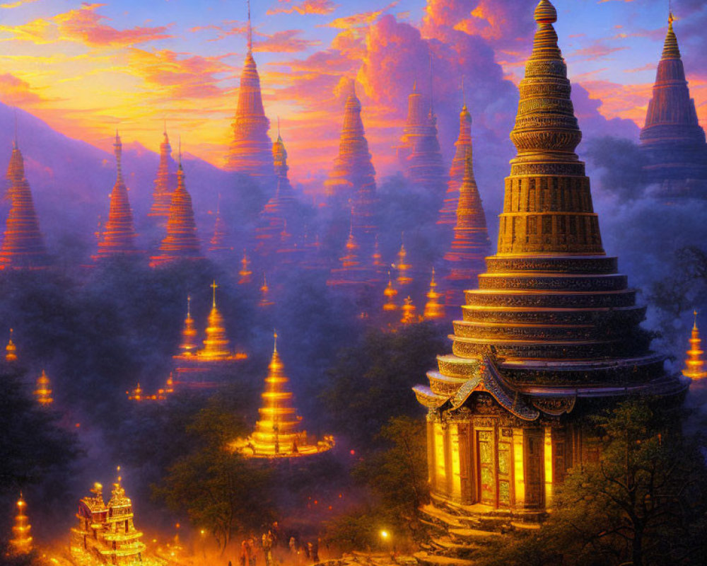 Golden Pagodas Glowing in Sunset Sky