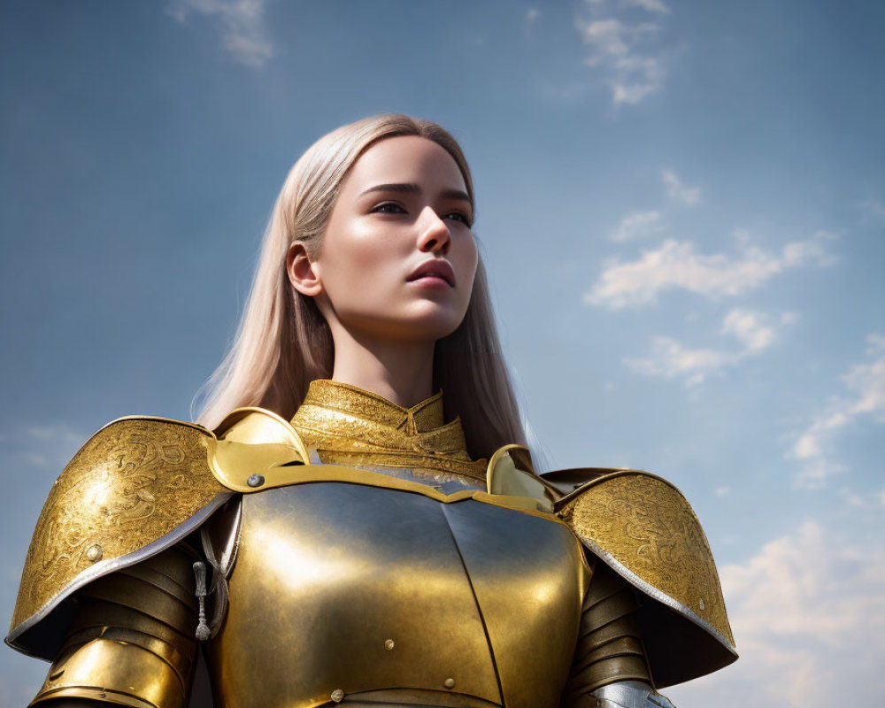 Woman in ornate golden armor against cloudy sky backdrop