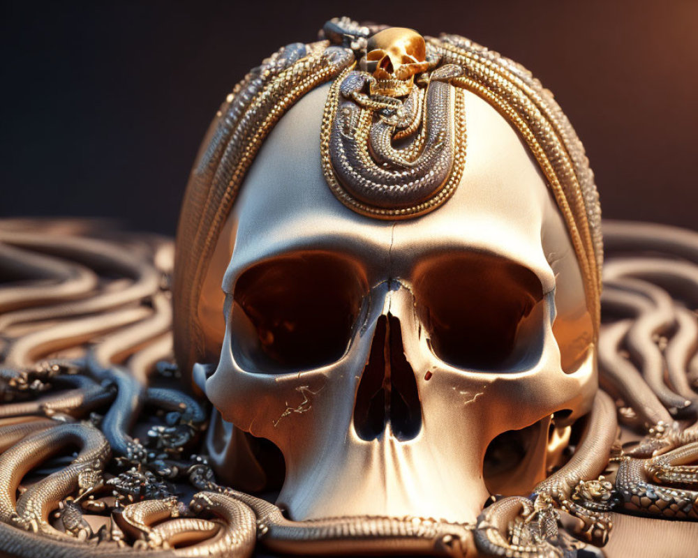 Golden Skull with Zipper and Skeleton Hand Pull-Tab in Intricate Rope Pattern