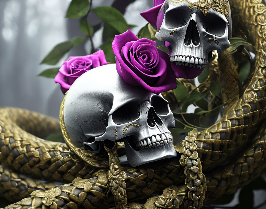 Detailed Close-Up: Silver Skull, Purple Rose, Golden Rope on Misty Background
