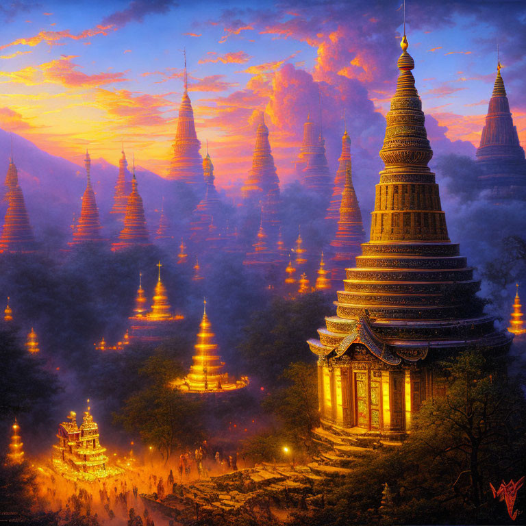 Golden Pagodas Glowing in Sunset Sky
