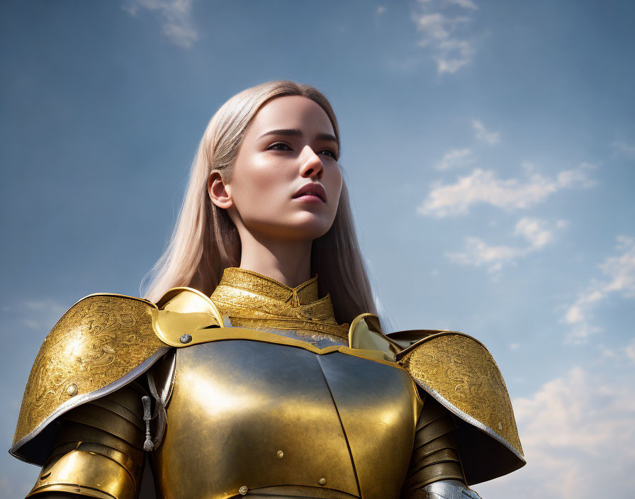 Woman in ornate golden armor against cloudy sky backdrop