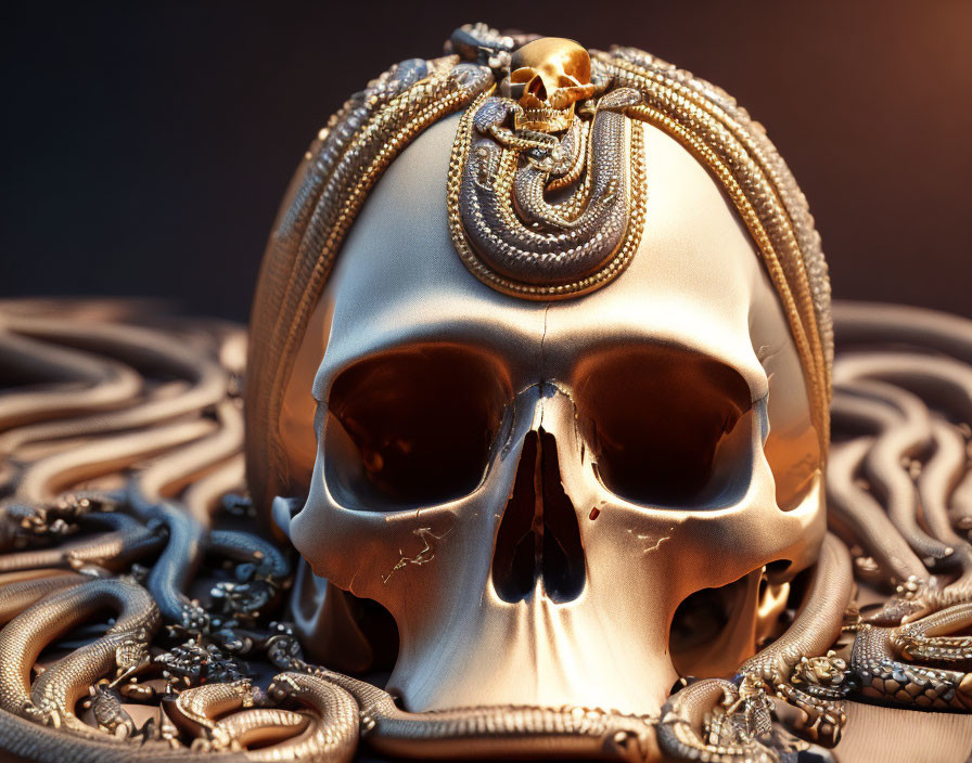 Golden Skull with Zipper and Skeleton Hand Pull-Tab in Intricate Rope Pattern