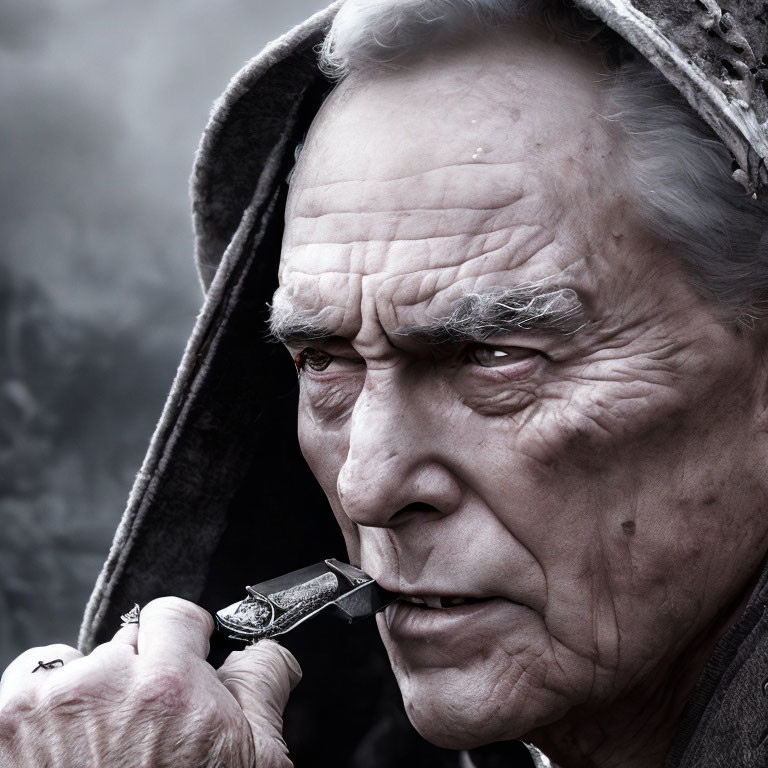 Elderly man with weathered face lighting cigarette in dramatic pose