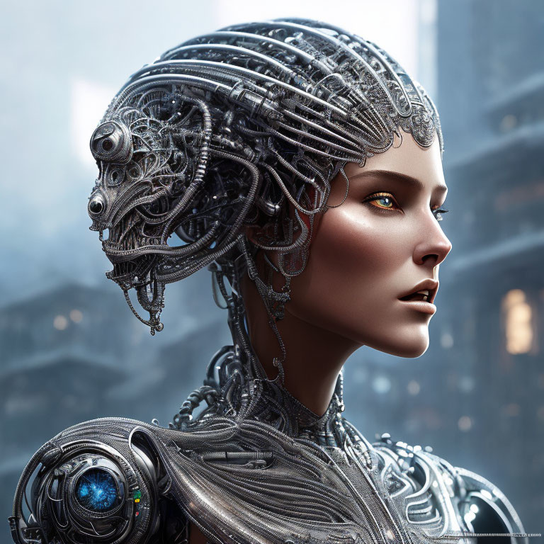 Realistic Female Android with Metal Hair and Yellow Eyes in Urban Setting