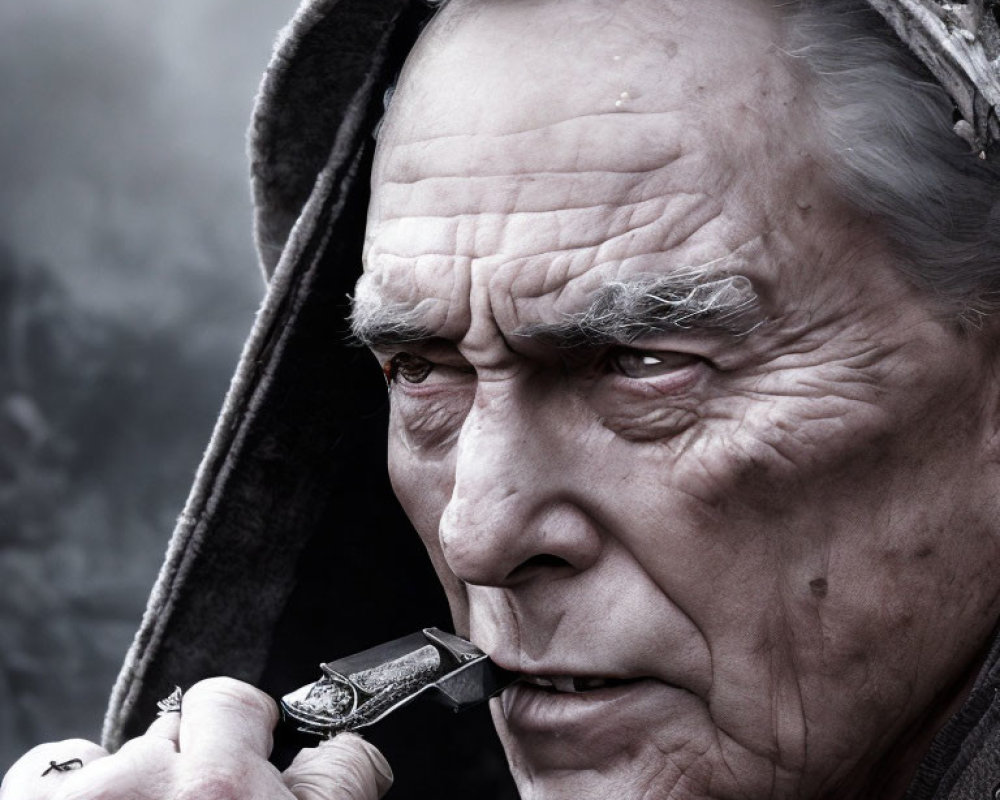 Elderly man with weathered face lighting cigarette in dramatic pose