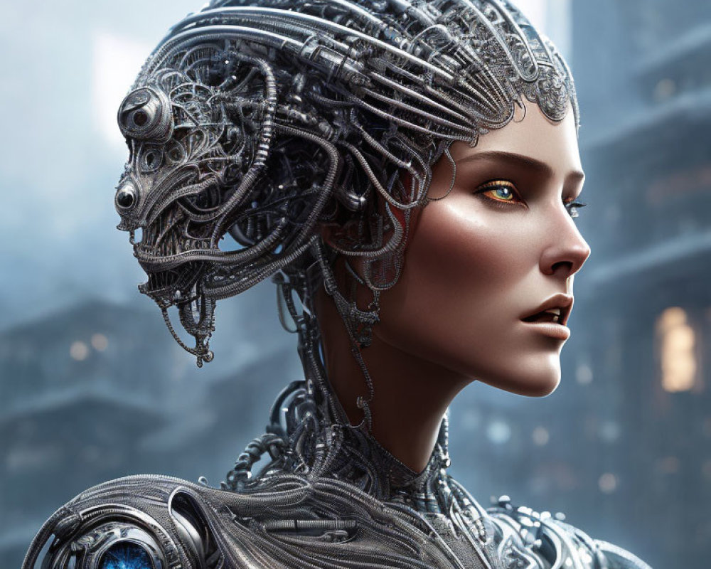 Realistic Female Android with Metal Hair and Yellow Eyes in Urban Setting